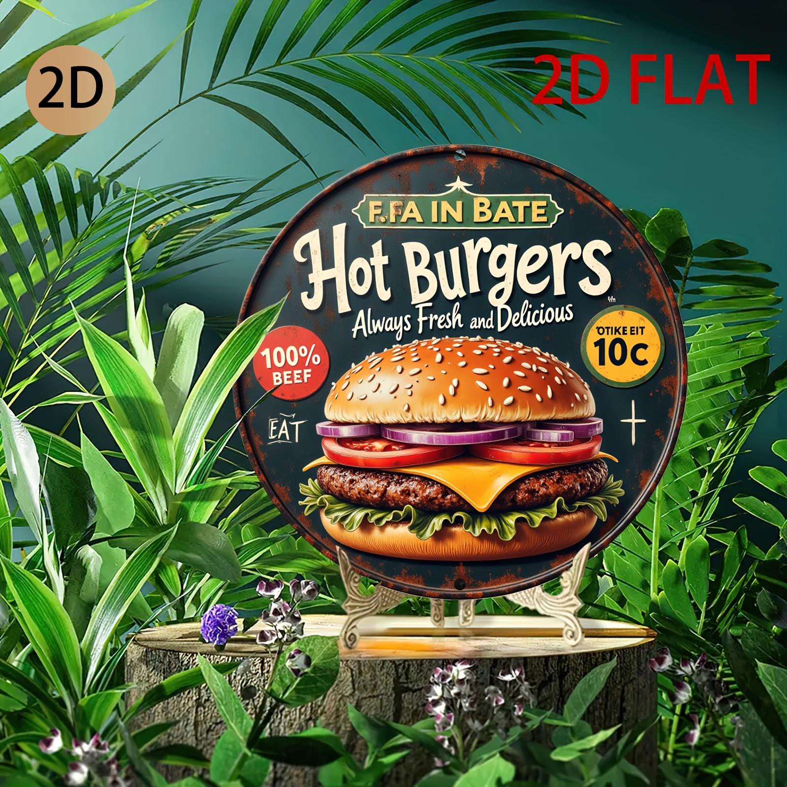 Hisun Tin Sign Retro Hot Burgers Round Tin Sign Vintage Beef Hamburger Metal Wall Art Decor Waterproof Rustproof Iron Painting Plaque fo 20x20cm