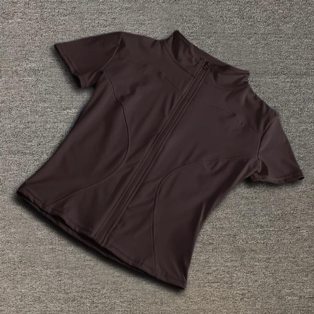 High-Quality Women's Yoga Shirts - Quick Drying Slim Fit Short Sleeve Full Zipper Standing Collar Workout Tops