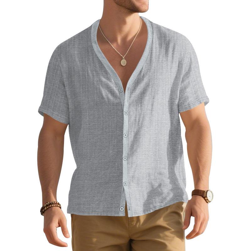 American Men's Summer Imitation Hemp Bamboo Short-sleeved Henry Shirt Loose Casual Trend Button Cardigan T-shirt Men's