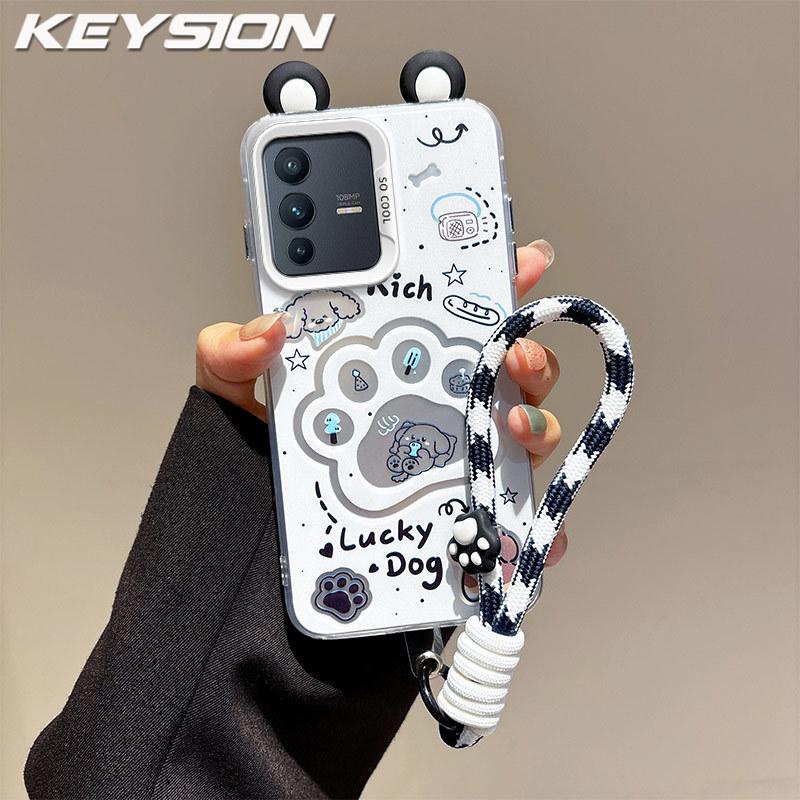 KEYSION Cute Ear Cartoon Case for VIVO V23 5G with Lanyard Soft Silicone+PC Shockproof Phone Back Cover for VIVO V23 5G