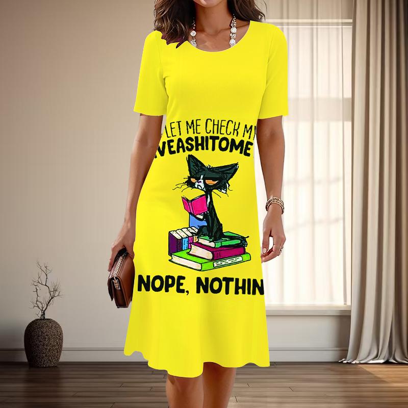 

Женская мода изящный принт кошечки лето весна короткий рукав О-образный вырез повседневные платья 8XL жёлтый