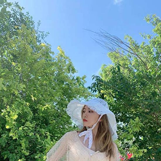 UV Lace Sun Hat with Wide Makes Face Look Smaller [LeafIn] Women's Hat, Protection, Hat, Spring/Summer, Hat, Drawstring, Brim, (Adult, White)