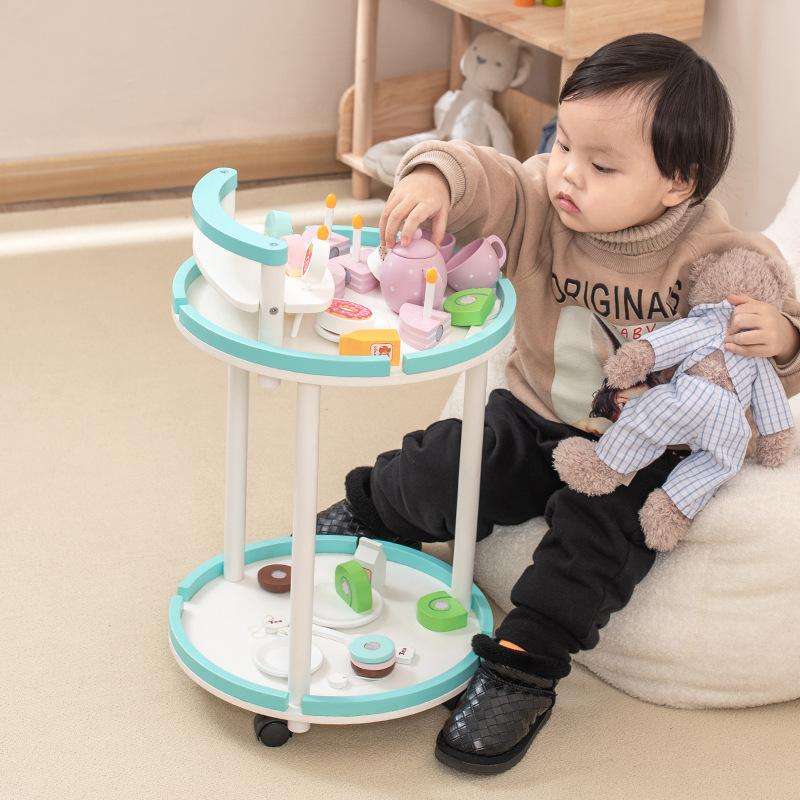 BABIBO Runder Gebäckwagen aus Holz/Teeservice für Kinderspielhaus/Snacks/Doppeltablett-Servierwagen-Spielzeug