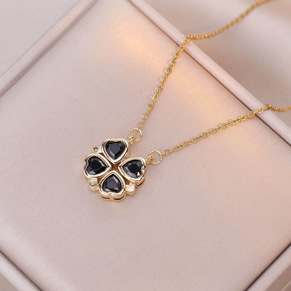Women's Japanese Korean Folding Fashion Two-Wearing Four-Leaf Flower Heart-to-Heart Clavicle Necklace Zircon Copper Water-Wave