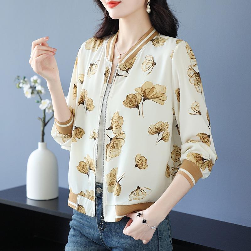 High-end Summer Mulberry Silk Long-sleeved Short Jacket Women's New Baseball Jersey Spring and Summer Thin Sunscreen Clothing