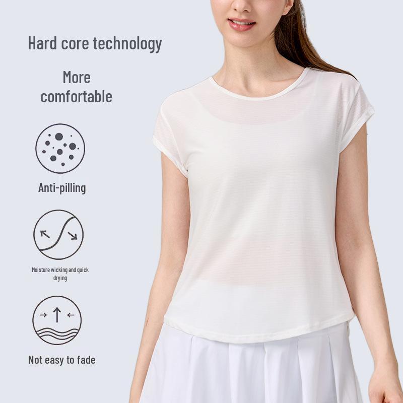 Damen Schnelltrocknendes Schlankmachendes Yoga-T-Shirt: Lockeres, kurzärmeliges Fitness-Überteil