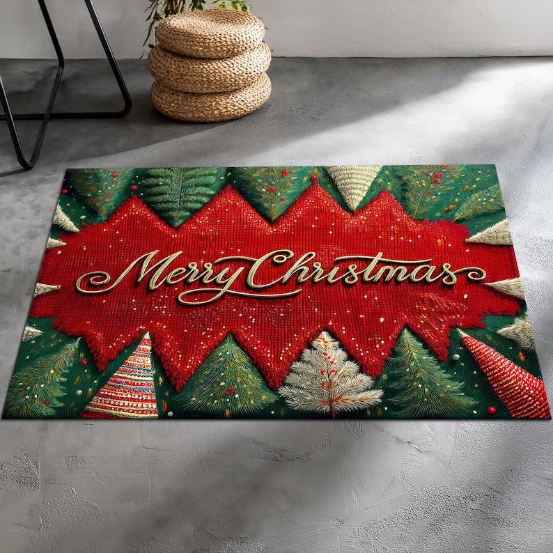 

Christmas Tree Print Area Rug, 2026 Holiday Decor Mat with Merry Christmas Design for Xmas Home Gift 40x60cm
