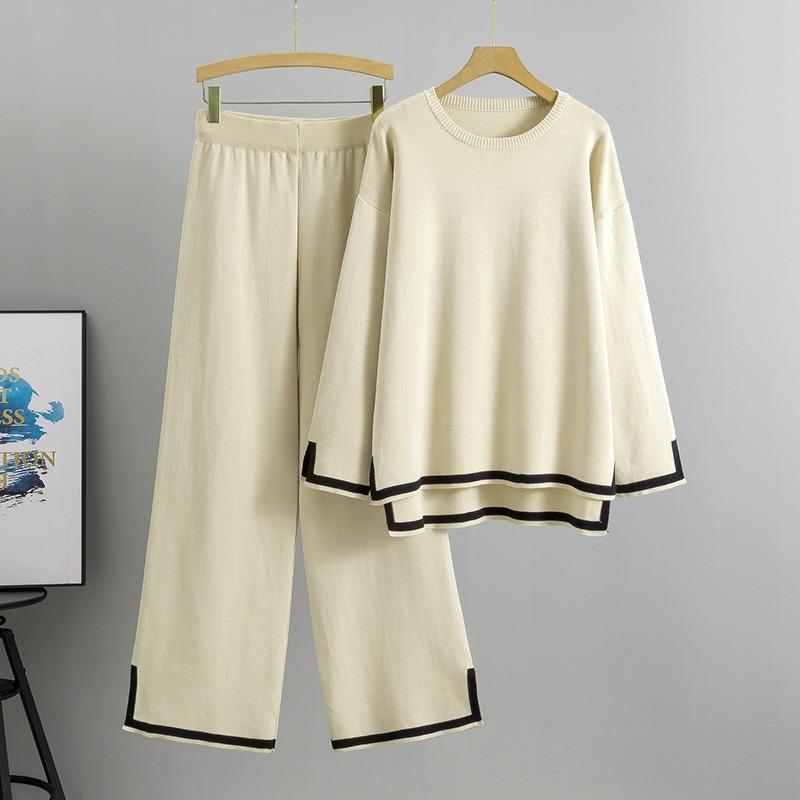 Autumn Women's Plus Size Fashion Chic Neckline Knit Top Wide Leg Pants Casual Sports Pant Suit