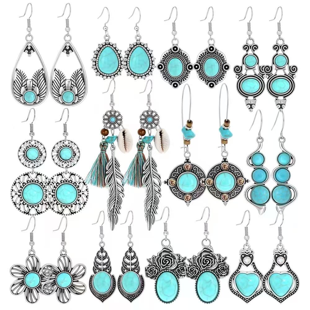 

Бохо Античное серебро Висячие серьги для женщин Дизайн с бирюзой Серьги с кисточками Этнический стиль Работа Повседневная носка Подарки Универсальные