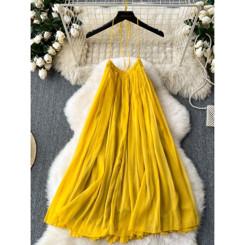 French Minority Dress Women's Summer Outing Wear Seaside Vacation Style Sleeveless Halter Open Back Chiffon Fairy Dress