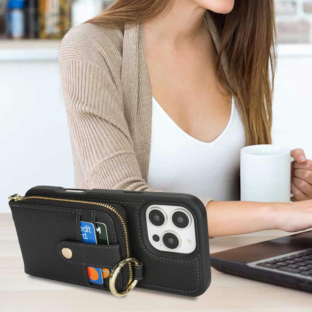 For iPhone 16 Pro Case with Zipper Pouch/Ring Kickstand/Strap Litchi Texture PU + TPU Phone Cover