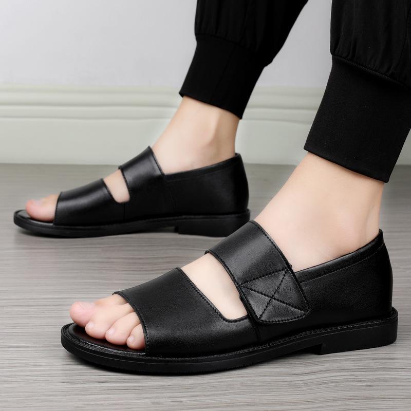Men's Black Leather Breathable Outdoor Driving Sandals