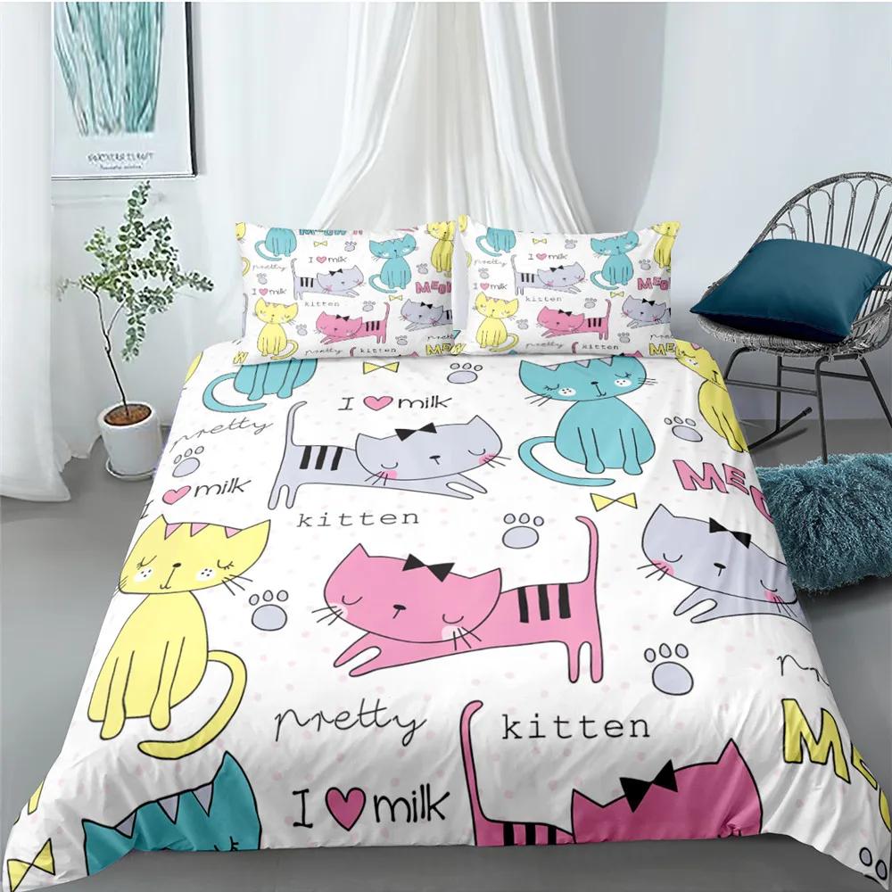 Carton Cat Soft Duvet Cover Set for Children Kids Girl Microfiber Kiten 2/3pcs Carton Animal Beding Set Single Twin Quen King Comfortable Quilt Cover
