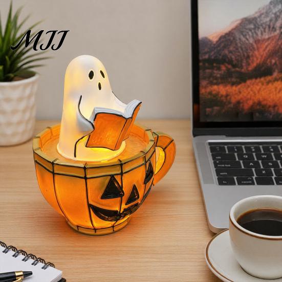 Retro Halloween Light Ghost Reading Book Lamp, Stained Glass Style Night Light, Resin Spooky Warm Orange Pumpkin Bedside Lamp for Bedroom, Living
