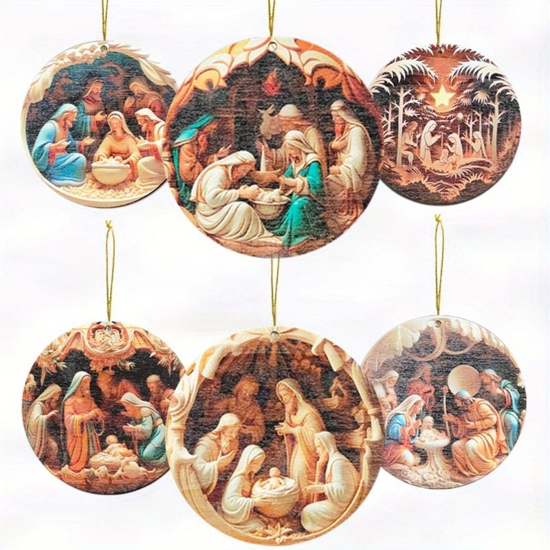 12pcs Wood Pendant Christmas Tree Ornament Set Hanging Decoration with Detailed Craftsmanship Religious Accessories