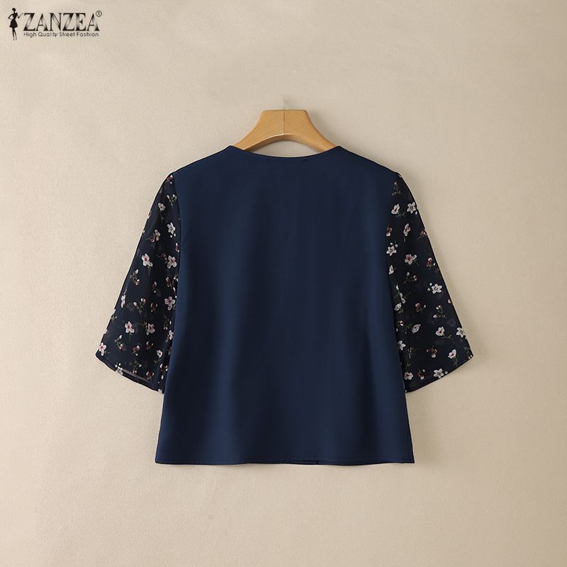 ZANZEA Women Casual Round Neck Loose Floral Splice Short Sleeve Blouse