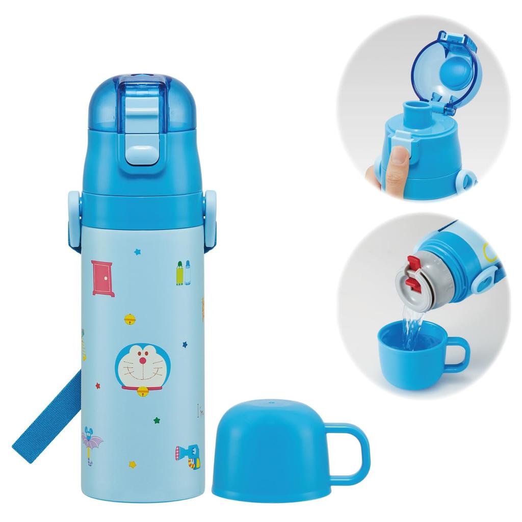 Skater Children's Water Bottle, 2-Way, 470ml (Direct Drinking) or 430ml (Cup Drinking), Sanrio "I'm Doraemon" Gingham Design, Stainless Steel,