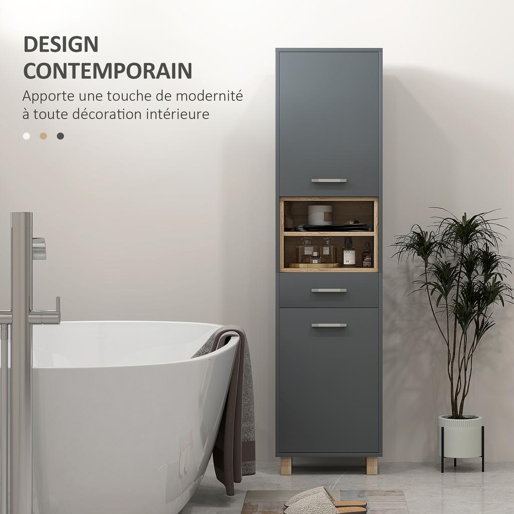 Bathroom Storage Cabinet with 2 Cupboards, Drawer, Open Compartments, Grey