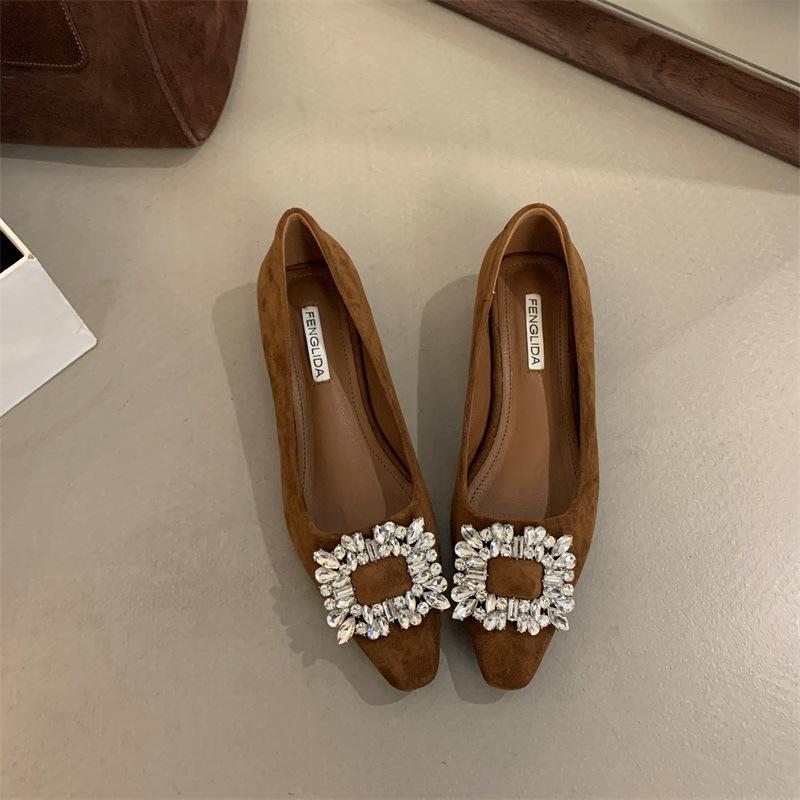 

Ретро замшевые туфли на плоской подошве с квадратной пряжкой из стразов для женской коллекции весна-осень 2025, новые французские туфли с квадратным носком и неглубоким вырезом на мягкой подошве Doud 39 хаки