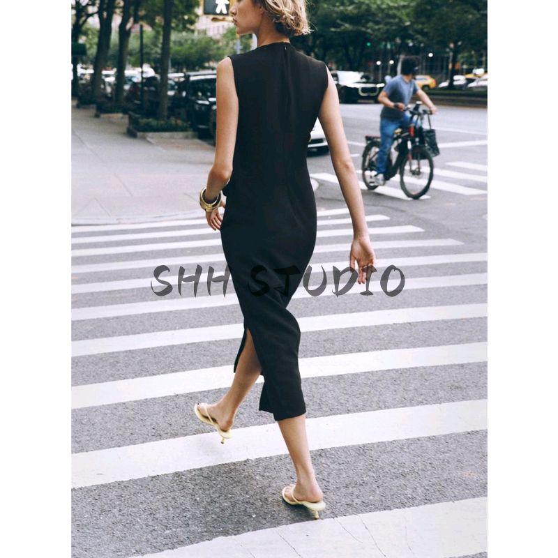 Summer New Fashion Round Neck Sleeveless Metal Buckle with Belt Crepe Midi Skirt Dress 3897166