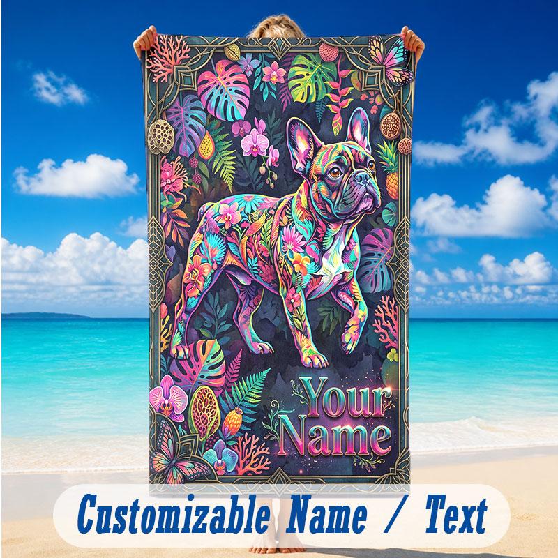 Dog Theme Beach Towel Personalized Custom Name & Text Soft Quick Dry Beach Towel for Swimming Travel