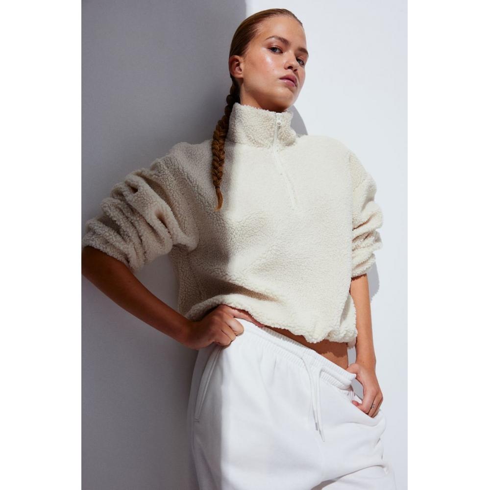 

H M Zip Top Teddy Sweatshirt Light Beige