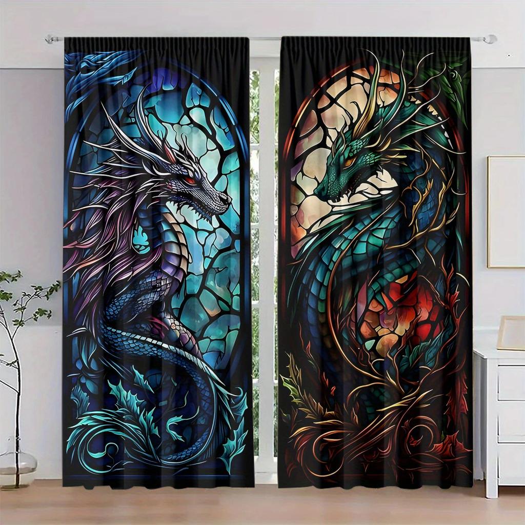 2 PEZZI - Tende stampate digitali ad alta definizione con drago blu e verde   design con passanti per bastone   decorazione per la casa   decorazione della stanza