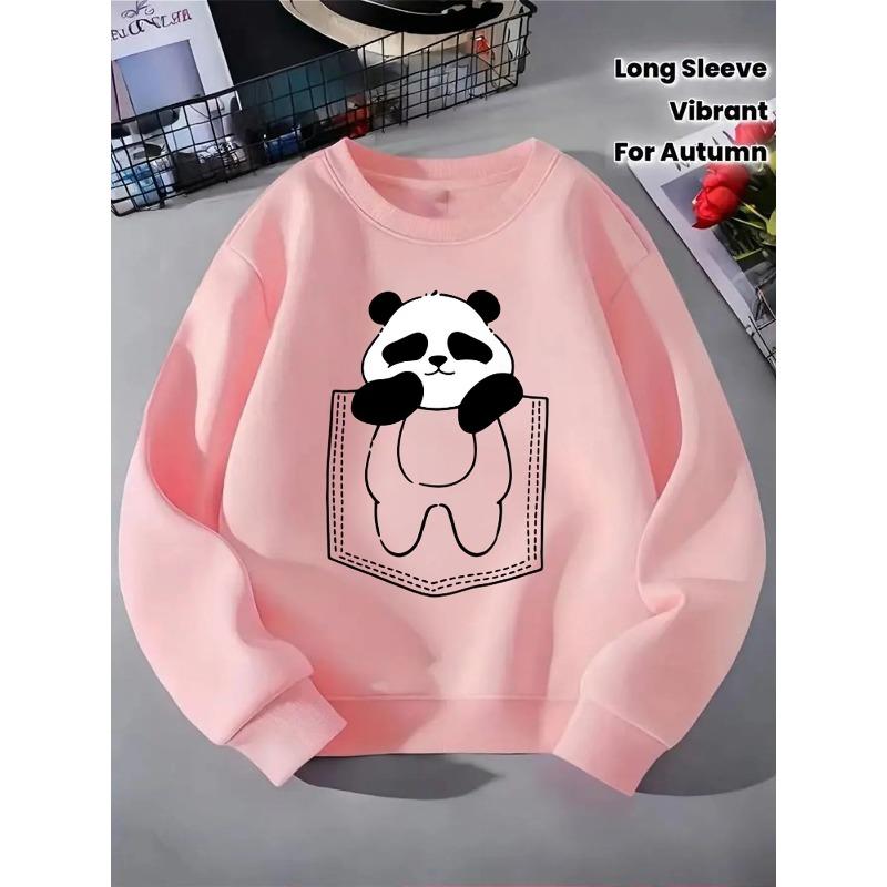 European Sizes Kids' Crewneck Sweatshirt - Panda In Pocket Pattern Print , Sportswear And Casual Wear, Soft And Comfortable, Children's Clothing