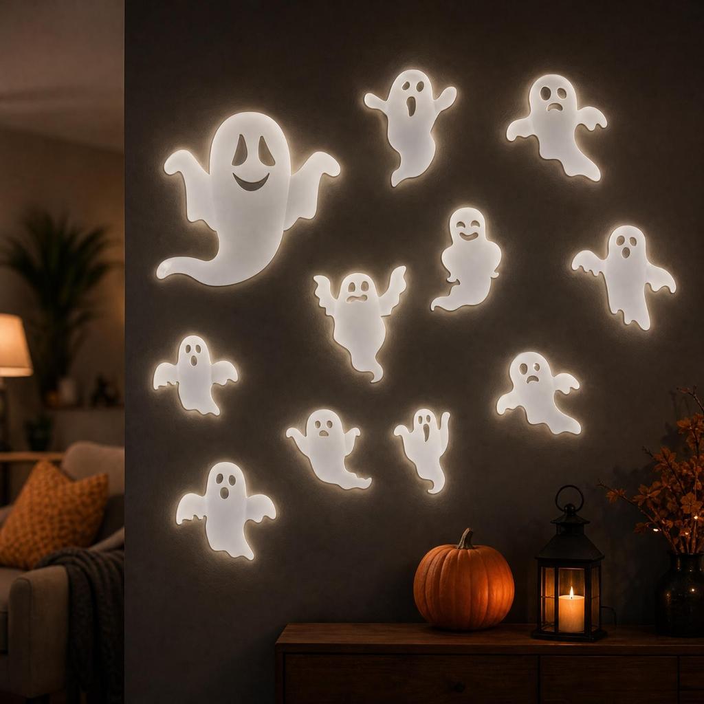 12 Pieces SpecterShaped Wall Decal with Backlit 3D PVC Specter Sticker Indoor Outdoor Halloween