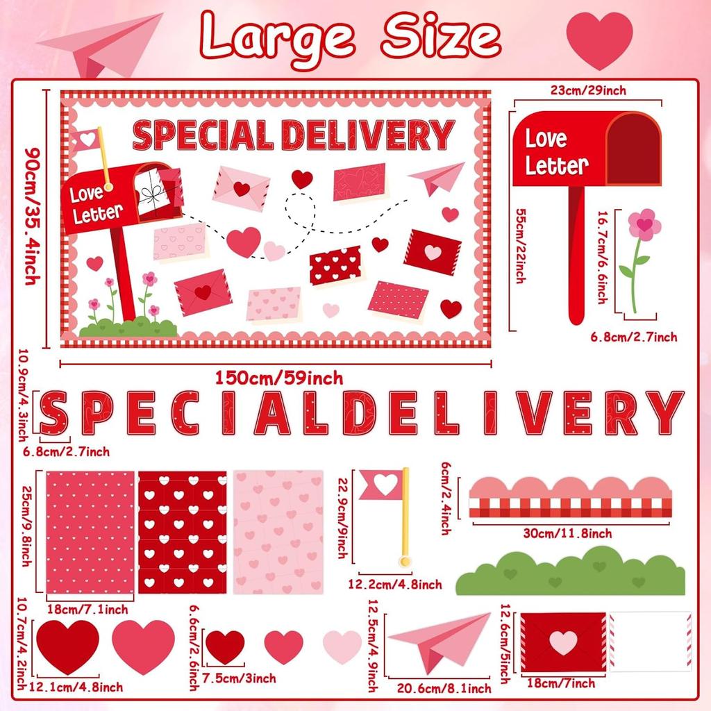 87Pcs Valentine's Day Classroom Bulletin Board Decoration Special Delivery DIY Bulletin Board Set 3D Heart Mailbox Letter Cutouts with Borders for