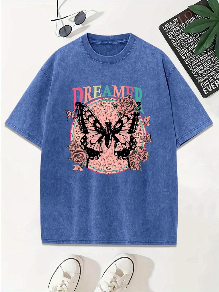 Dreamer Butterfly Printing Washed TShirts Womens Cotton Oversized Tops Comfortable Distressed ONeck T Shirts Summer Clothes