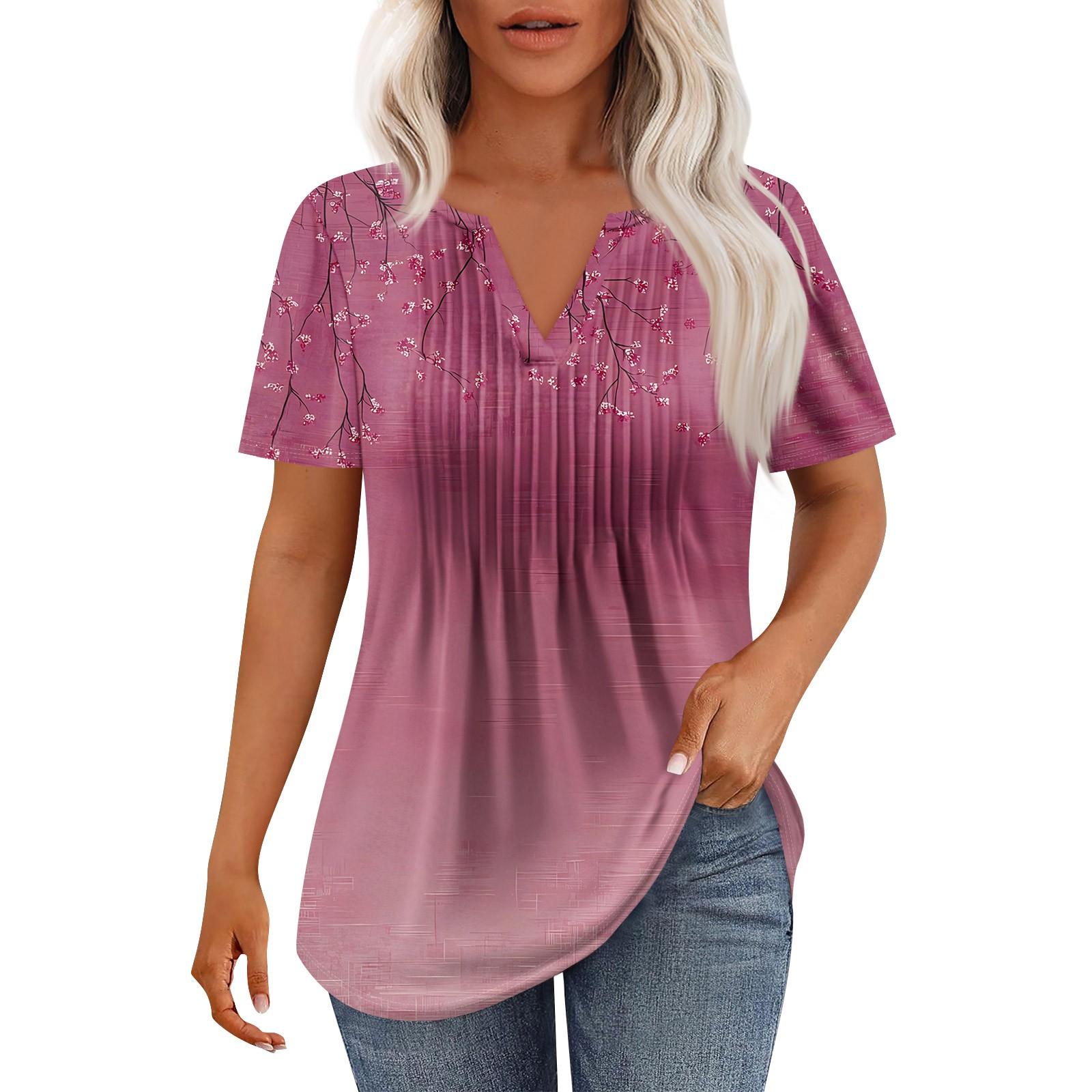 

Women s Fashion Casual Pleated V Neck Short Sleeve T-Shirt Tops XL рожевий
