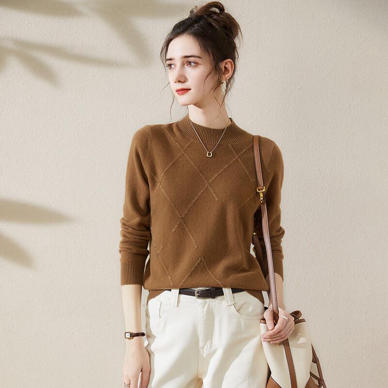 TUHUANG Women's Pure Wool Argyle Rhinestone Turtleneck Sweater