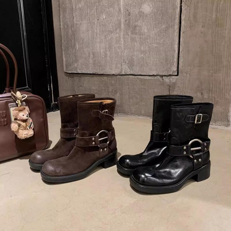 Metal Buckle Round Head Retro Leather Locomotive Boots Thick Heel Western Short Boots Women