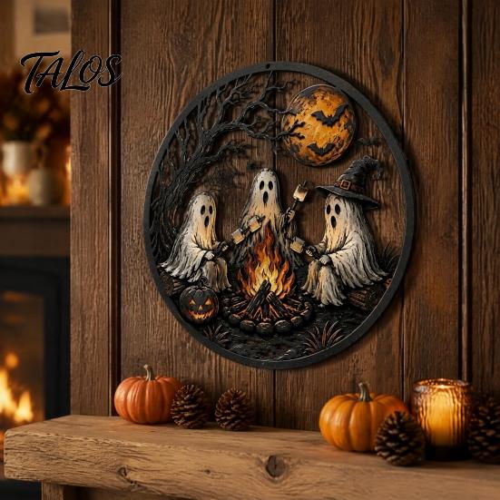 Garden Hanging Decorations Ghost Campfire Halloween Metal Wall Sign, Ghosts Roasting Marshmallows Round Cute Plaque, Spooky Art Decor for Porch
