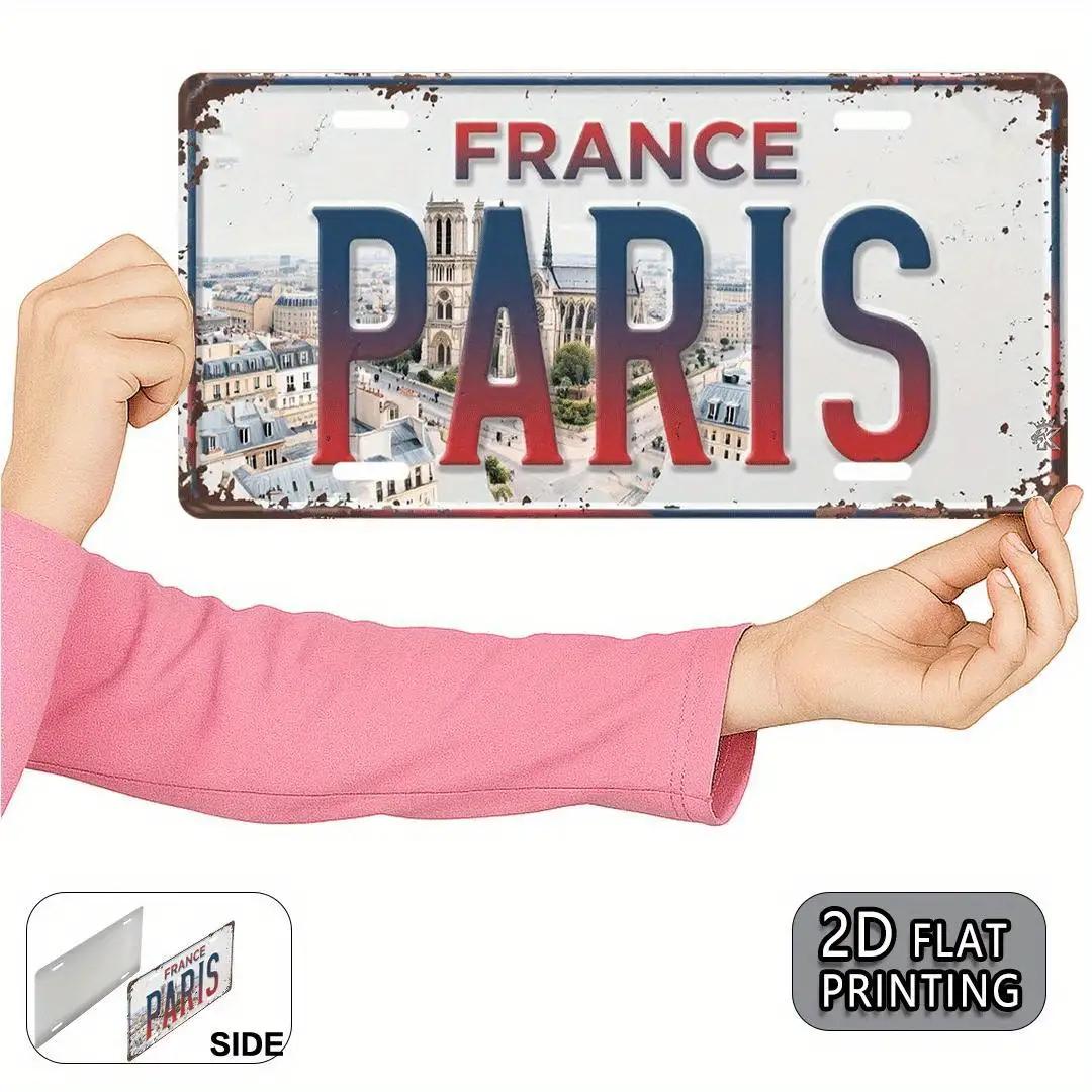 Mfoever Tin Sign HD Tin Sign Vintage France Paris License Plate Metal Wall Art Retro NotreDame Cityscape Decor for Bar Man Cave European Trav 15x30cm