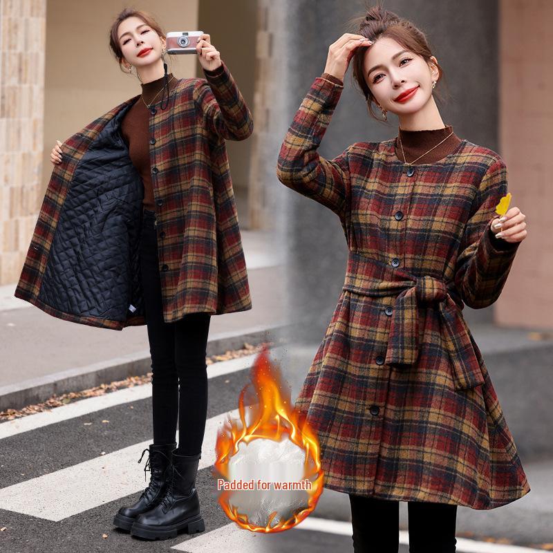 

Женское длинное шерстяное пальто в клетку с шарфом - Мода осень-зима HM2882 XXL (130-140 jin)