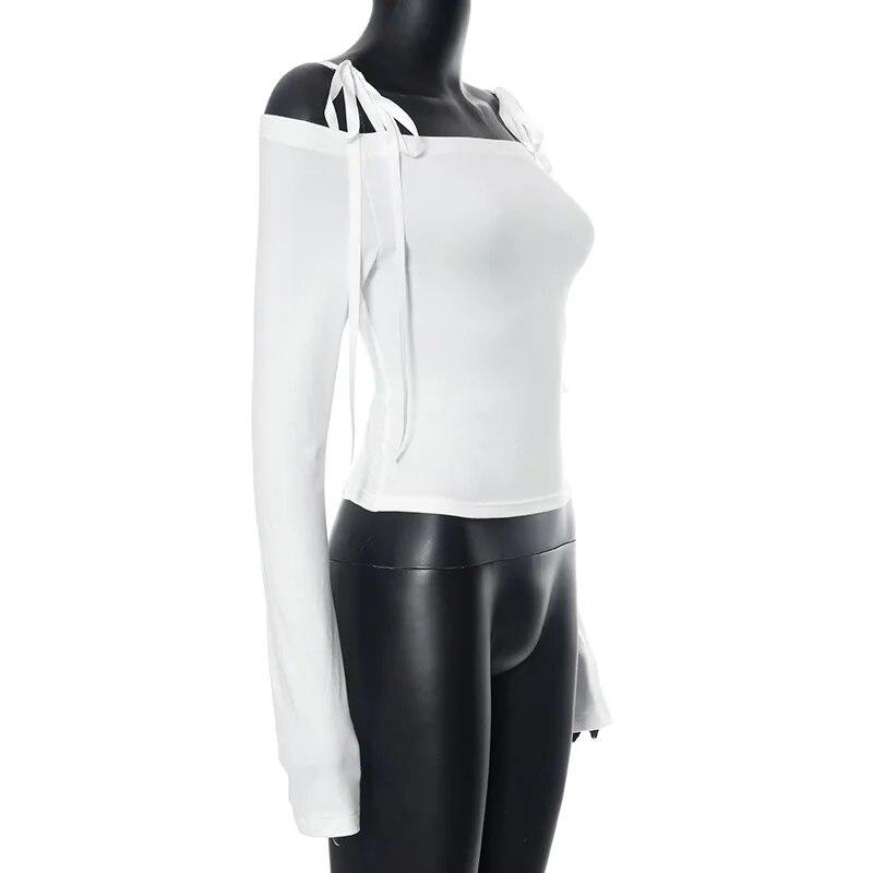 Off Shoulder Sexy Elegant Streetwear Tops Women Patchwork Bow Slim Vintage T-Shirt Female Lace Up Fashion Nightclub Y2K Clothes New