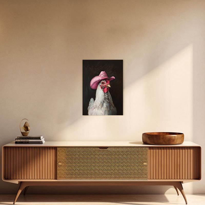 Wooden frame - chicken wearing pink denim hat print canvas wall art poster decoration wall art - including hanging hardware