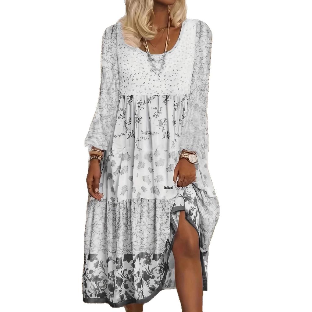2025 Langärmeliges bedrucktes Rundhalskleid für Damen - Frühling und Herbst