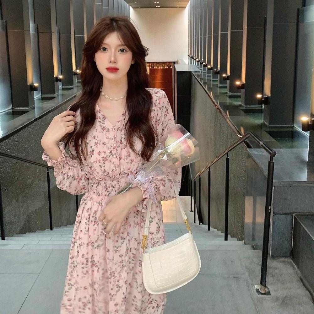 

Elegant Flower Printing Dress Aesthetic V-neck Collar Dress Fashion Bohemian Chiffon Dress Summer
