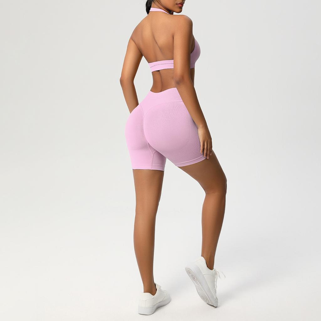 Seamless Beautiful Back Halter Sports Bra Shorts Yoga Suit Tight Running Fitness Two-piece Set