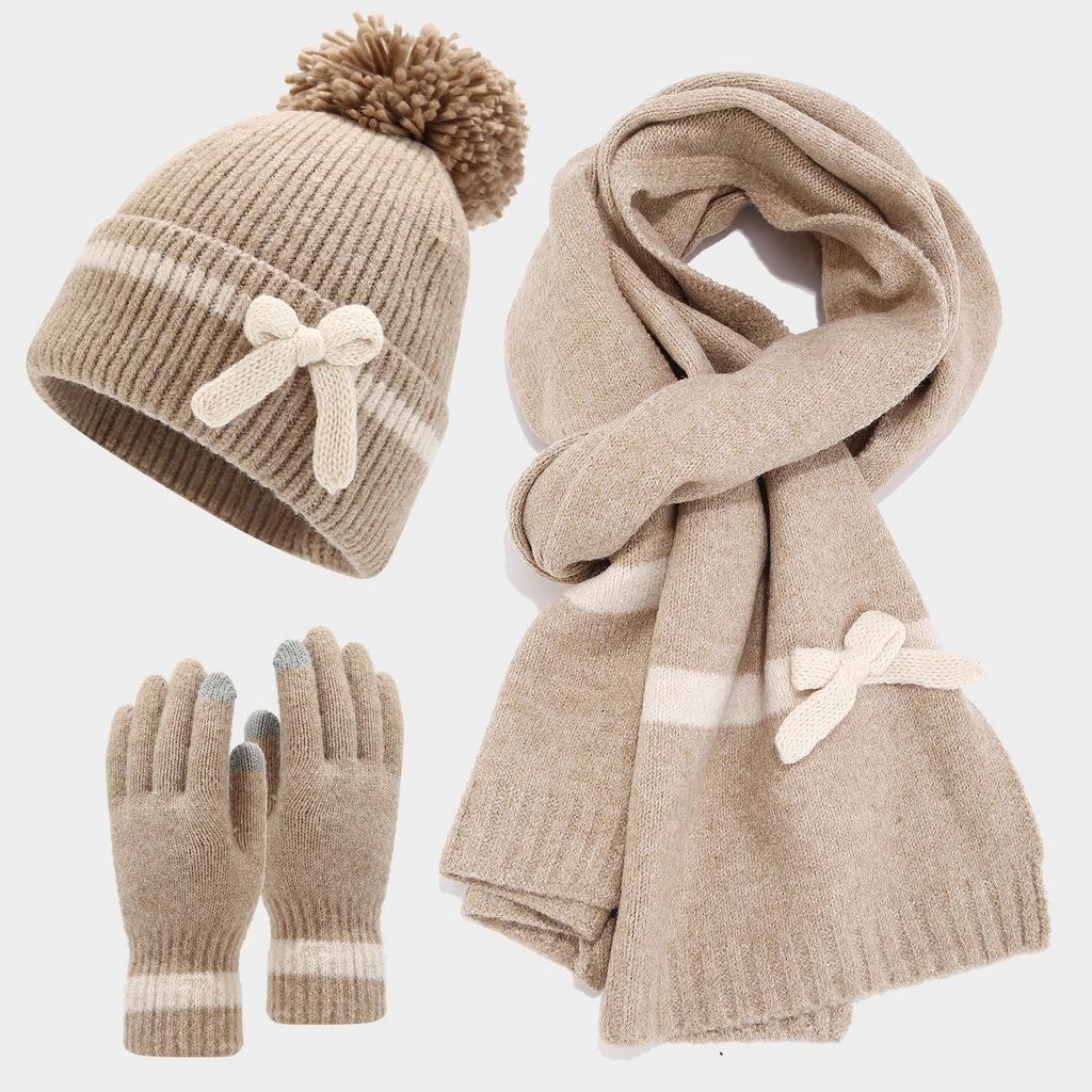Winter Bow Decoration Hat Scarf Gloves Three Piece Set Sweet and Fashionable Anti Cold Warm Hat Set