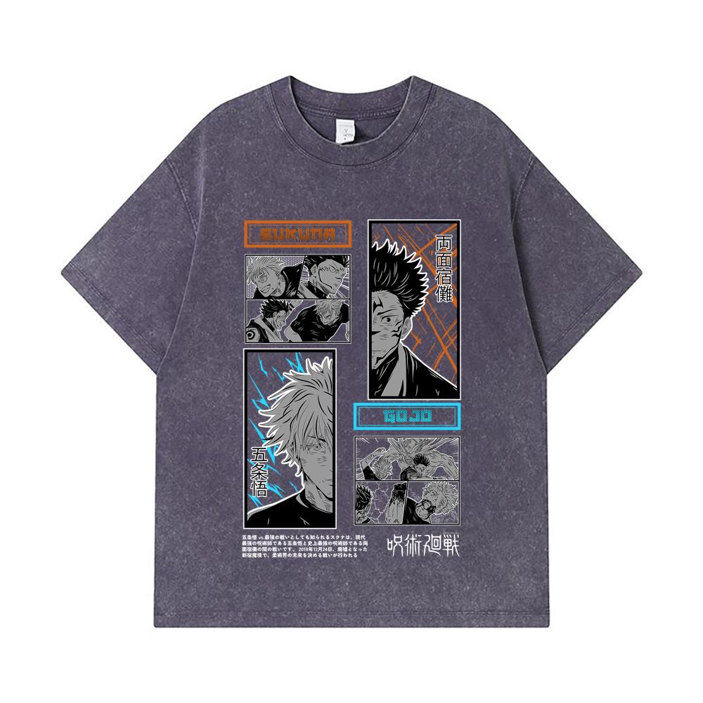 275 GSM Washed T-shirts 100% Cotton Jujutsu Kaisen V33 Gojo Sukuna Print Unisex Heavy Cotton T Shirt