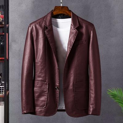 Herren Jacke Revers Langarm Einreihig Kunstleder Mantel mit Taschen Lockere Passform