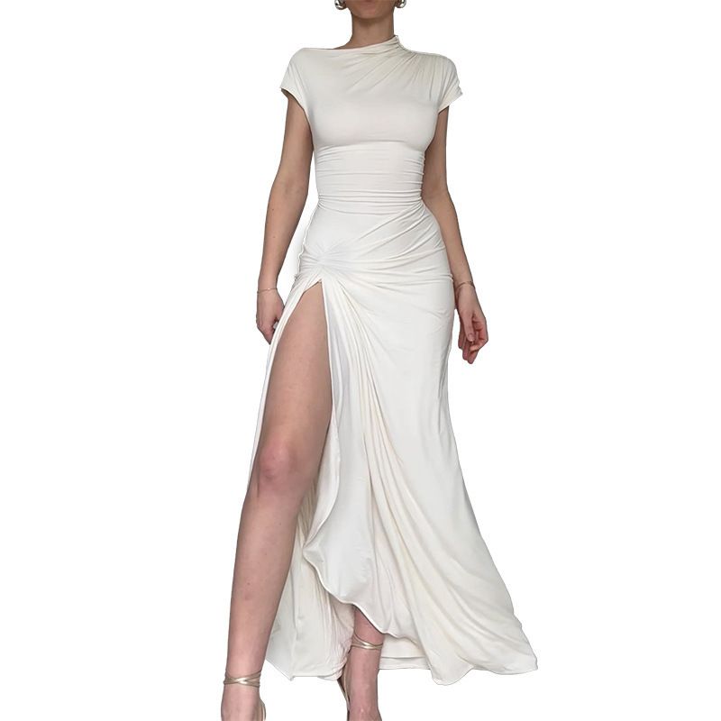 Dress Summer 2024 New Arrival Slim Fit Long Dress Fashion Wind Sexy Waist Trimming Twist Split Short Sleeve Dress