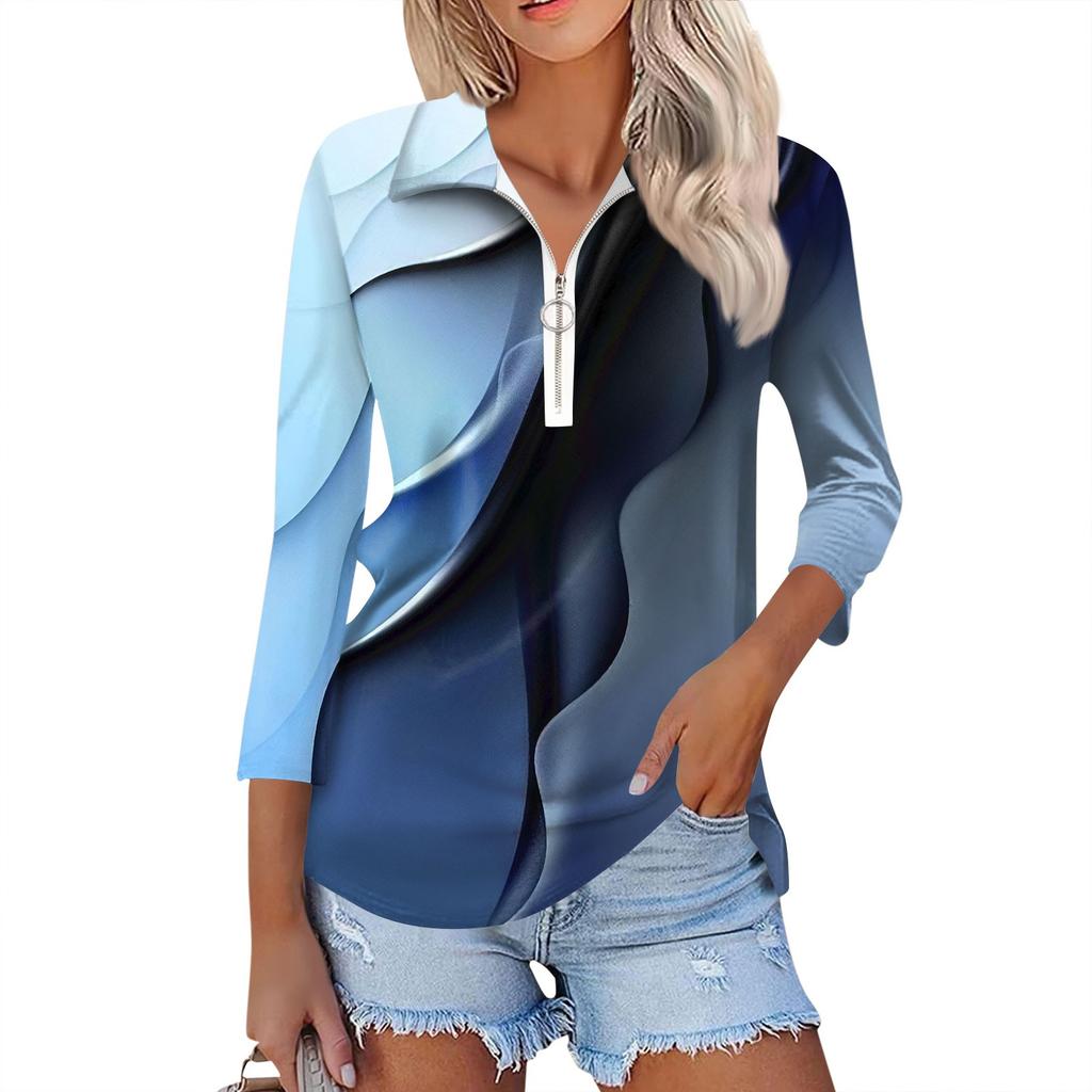 Mode Été Femme Décontracté Imprimé Col V Manches Sept Points Haut Chemise