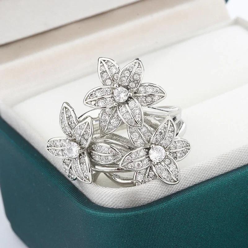2026 New High Pear Shaped Branch Flower Zircon 925 Stamp Ring for Women's Fashion Flower Diamond Big Ring Party Birthday Gift