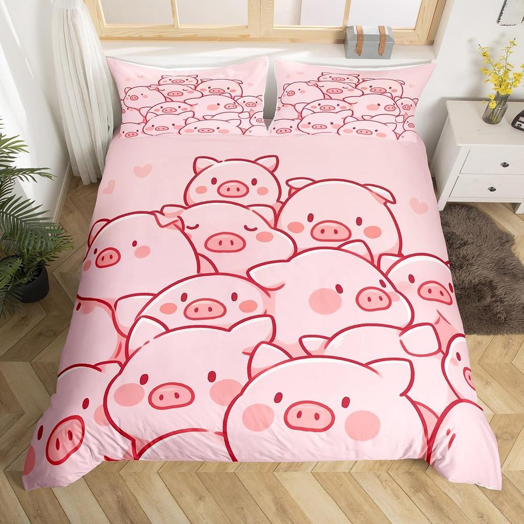 Pink Pig Duvet Cover For Girls Kawaii Room Decor Twin, Rose Floral Leaves Comforter Cover Cute Farm Animal Cartoon Bedding Set