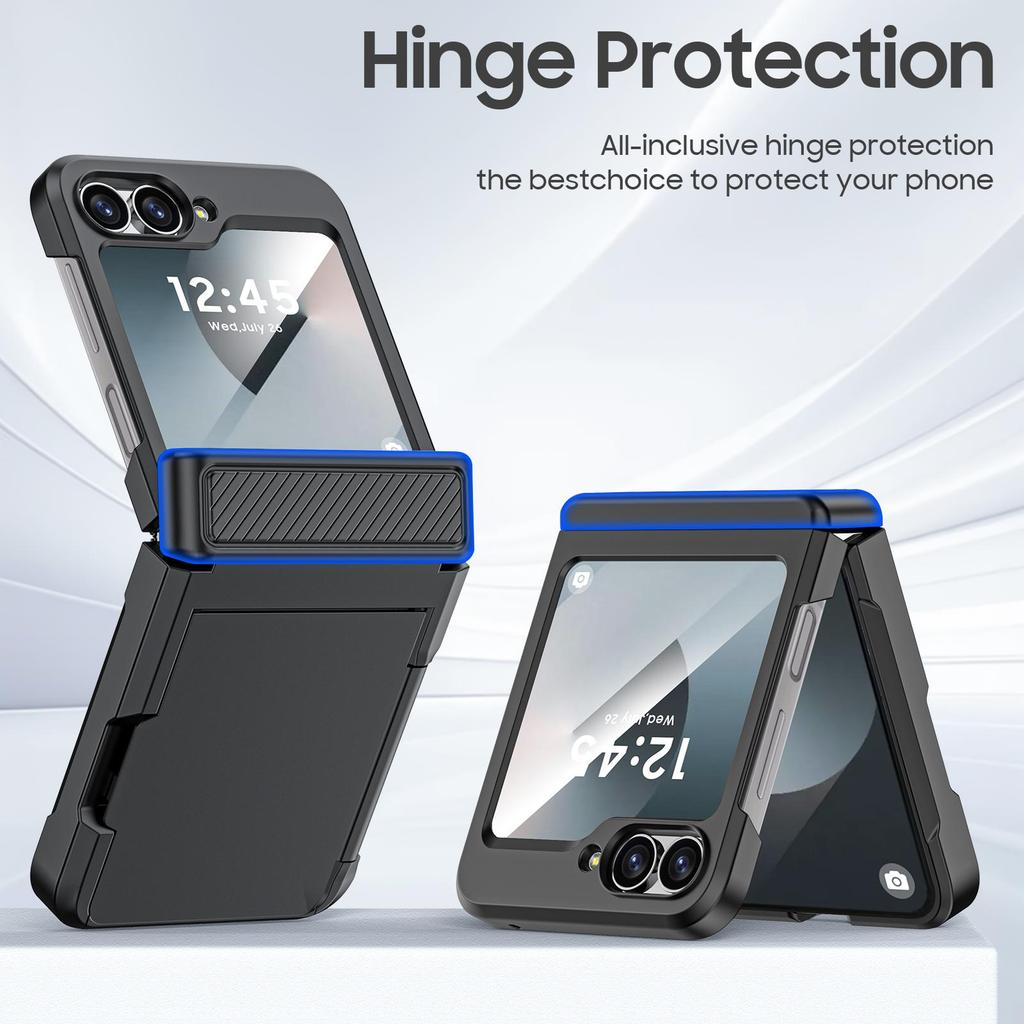 For Samsung Galaxy Z Flip 6 with Card Holder [RFID Blocking] & Hinge Protection & HD Screen Protector,Rugged Anti-Scratch Phone Case-Black